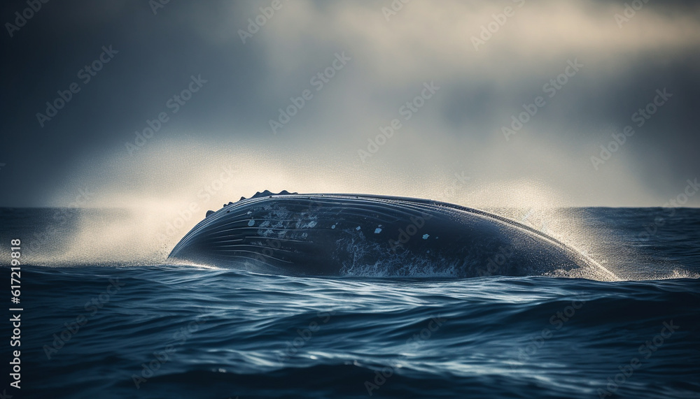 Blue humpback breaches, splashing in seascape, dolphin and whale watching generated by AI