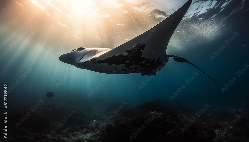 Swimming with majestic manta ray, a tropical underwater adventure generated by AI