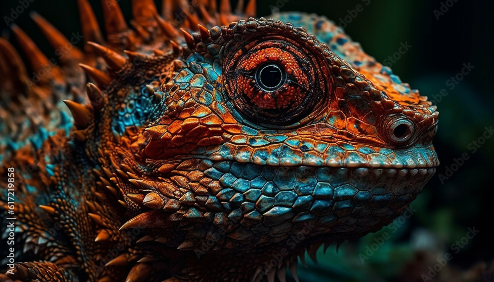 Close up of a cute, horned iguana in a tropical forest generated by AI