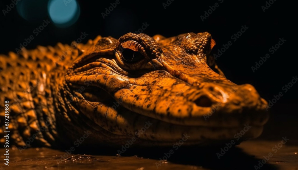 Aggressive crocodile stares fiercely, teeth bared, in the dark swamp generated by AI