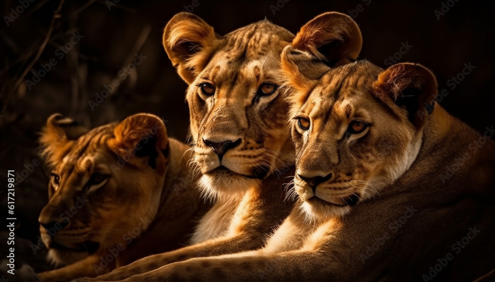 Majestic lioness and her cubs hide in the African wilderness generated by AI