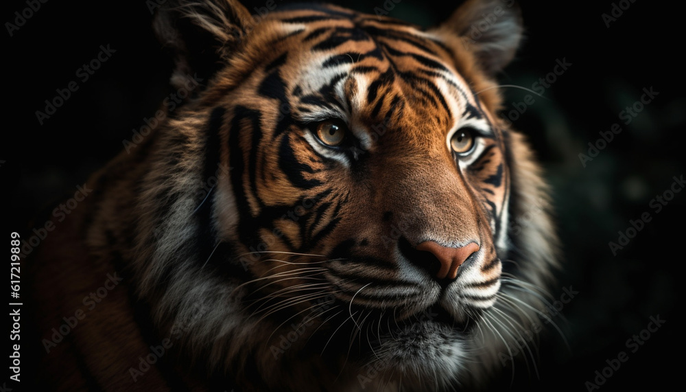 Majestic tiger staring with aggression, its striped fur pattern captivating generated by AI