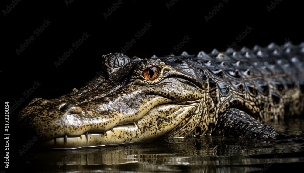 Large reptile with yellow scales and aggressive snout in wetland generated by AI