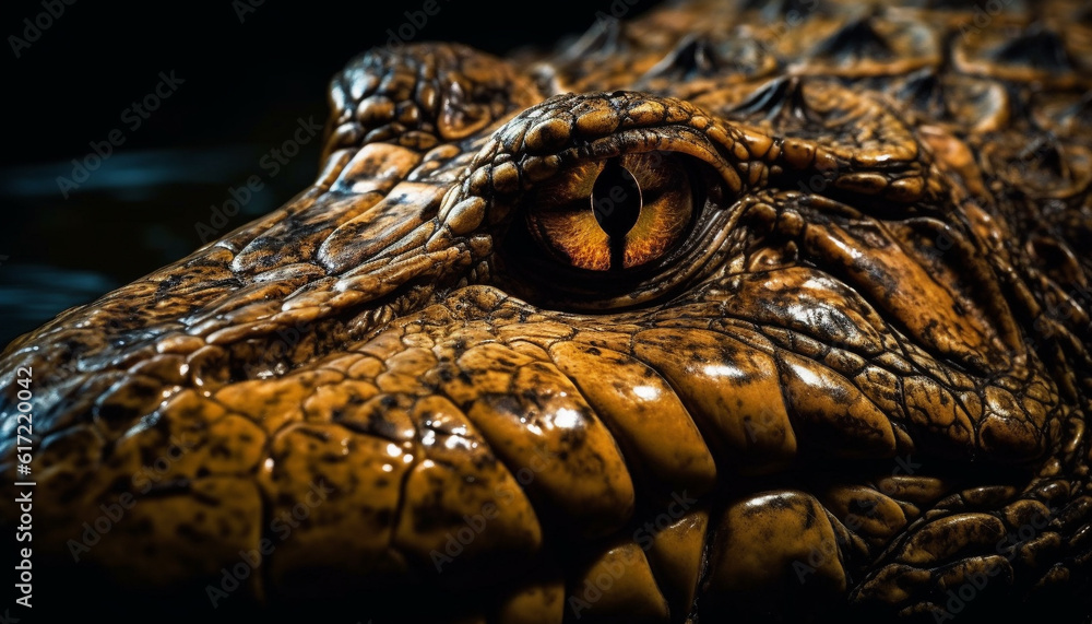 Aggressive spectacled caiman wet skin showcases intricate pattern and danger generated by AI