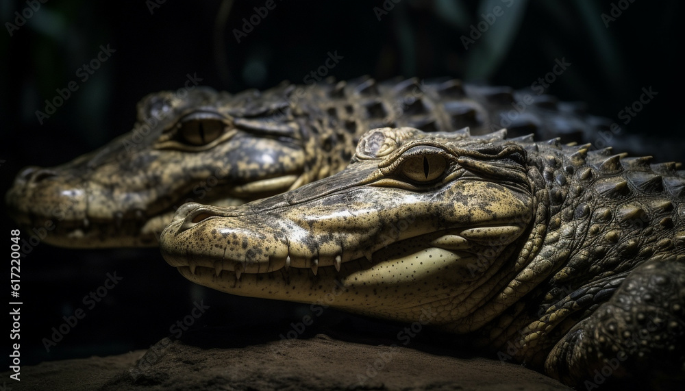 Endangered dragon resting in wildlife reserve, hiding teeth in aggression generated by AI