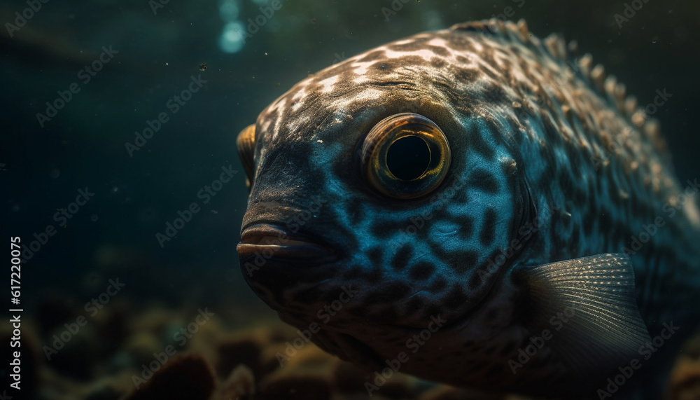 Colorful turtle swimming in tranquil coral reef, natural beauty underwater generated by AI