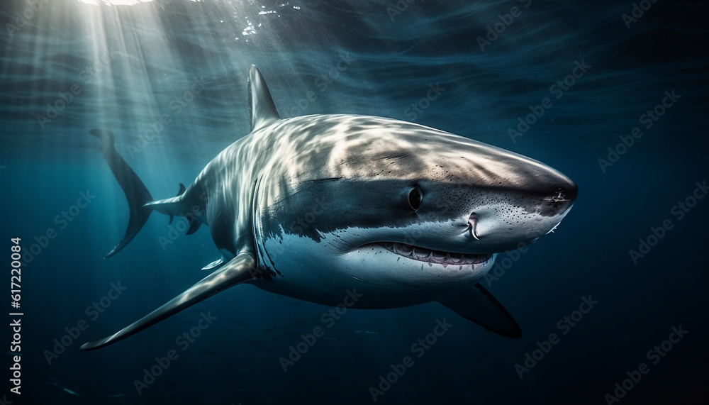 Majestic mammal swimming in deep blue saltwater reef, teeth bared generated by AI