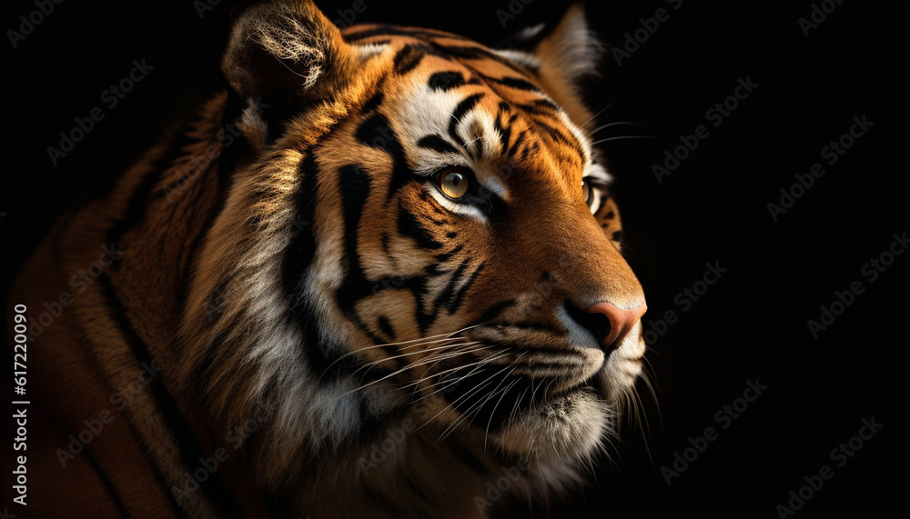 Majestic Bengal tiger staring with aggression, fur and striped pattern generated by AI