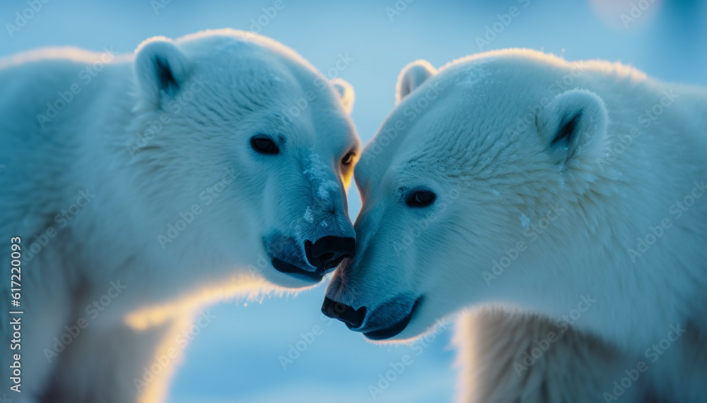 Arctic wildlife in playful motion, side by side, looking ahead generated by AI