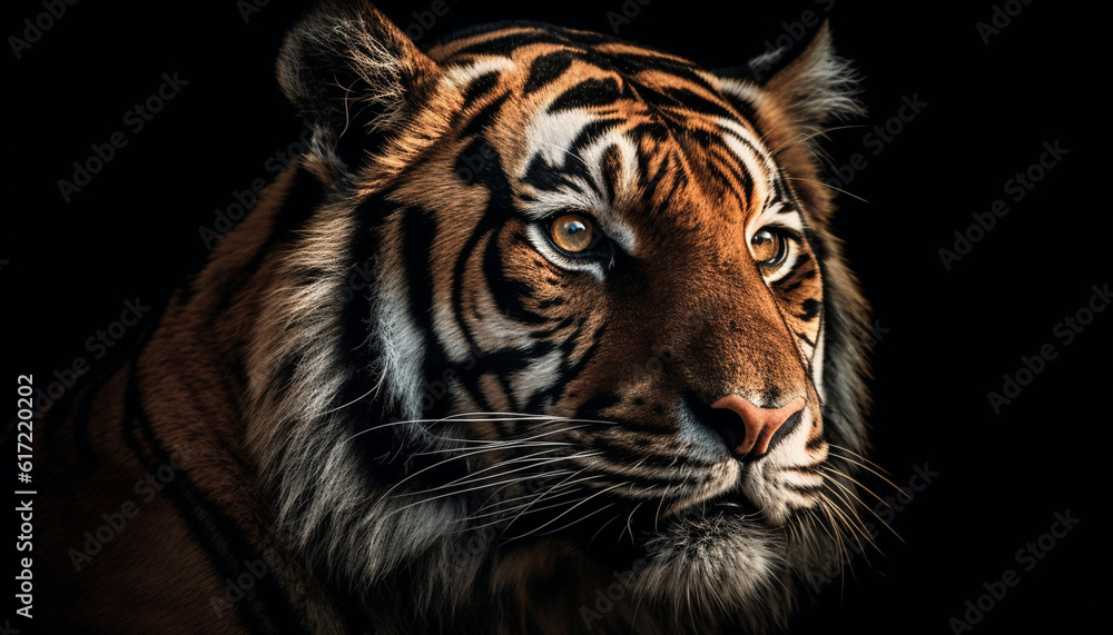 Majestic Bengal tiger staring with aggression, close up portrait in nature generated by AI