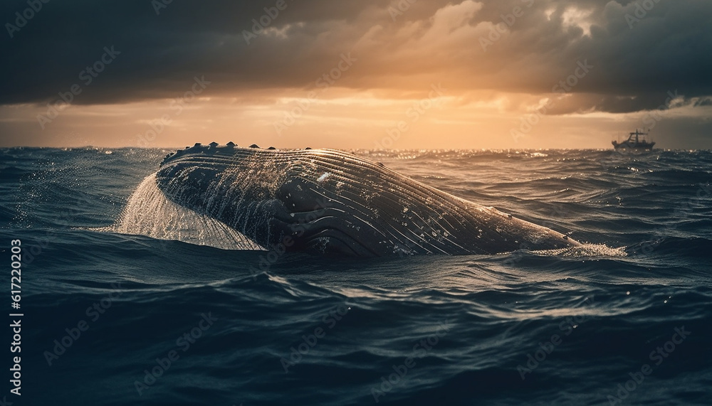 Tranquil sunset seascape, large humpback whale splashing in motion generated by AI