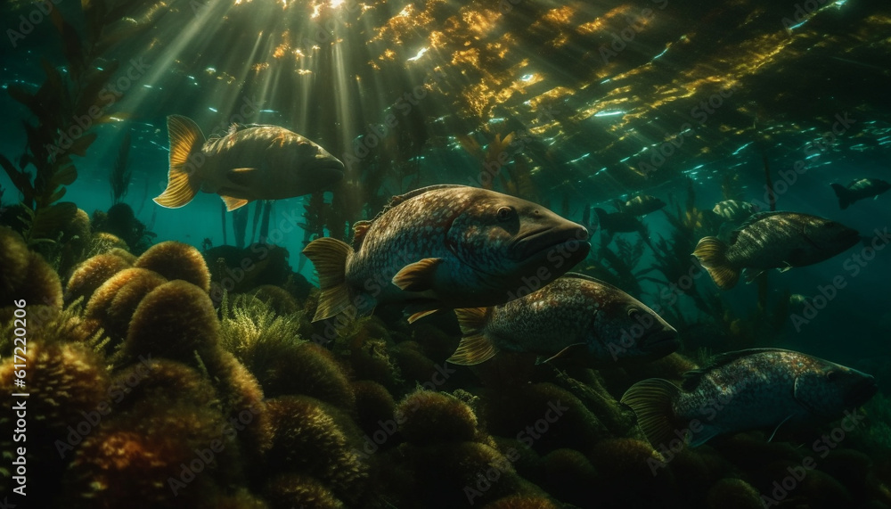 School of fish swim below coral in multi colored underwater landscape generated by AI