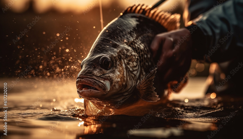 One man catches fresh fish in the outdoors, splashing water generated by AI