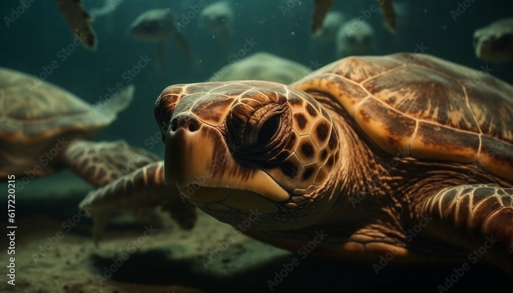 Slow moving sea turtle endures in multi colored coral reef environment generated by AI