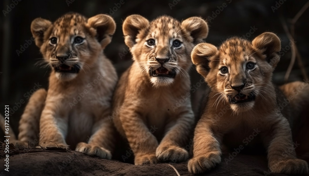 Playful lion cub staring at camera in nature striped wilderness generated by AI