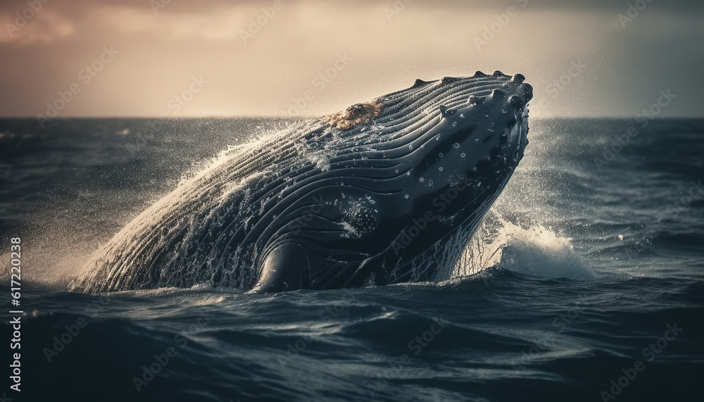 Majestic humpback whale splashing in blue sea, surrounded by dolphins generated by AI