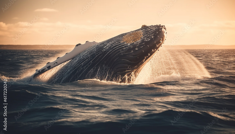 Humpback whale breaching in sunset seascape, spraying water and jumping generated by AI