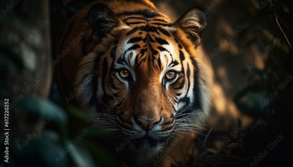 Bengal tiger staring, close up portrait of majestic undomesticated cat generated by AI