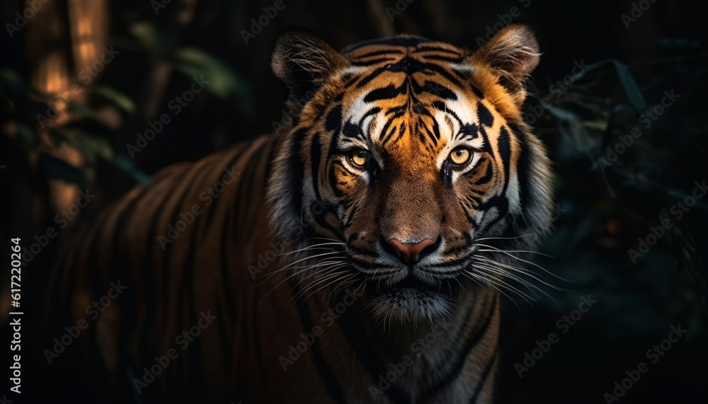 Bengal tiger staring, close up portrait of majestic big cat generated by AI