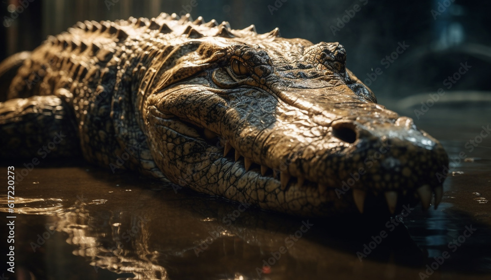 Large crocodile resting in wet swamp, teeth and snout visible generated by AI