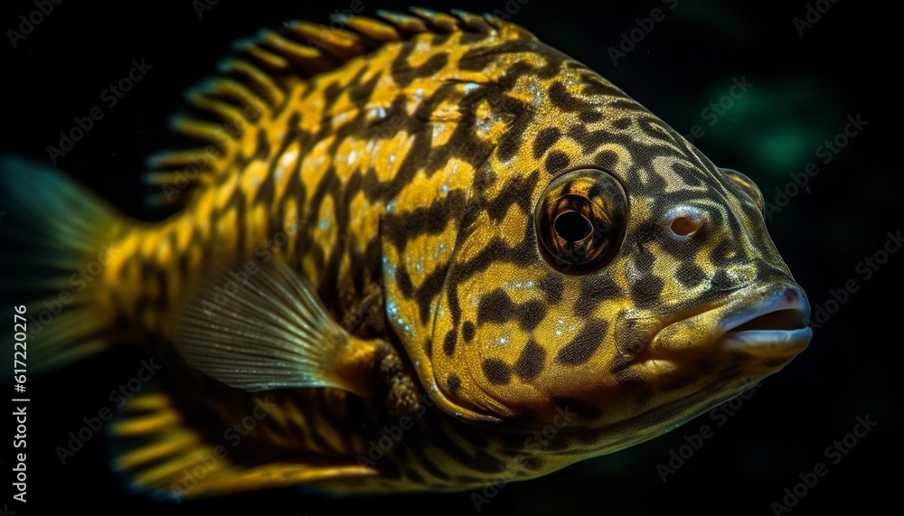 Multi colored fish in tropical reef, close up of striped animal fin generated by AI