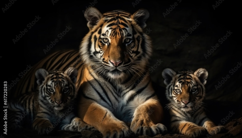 Majestic Bengal tiger cub walking in wildlife reserve, staring fiercely generated by AI