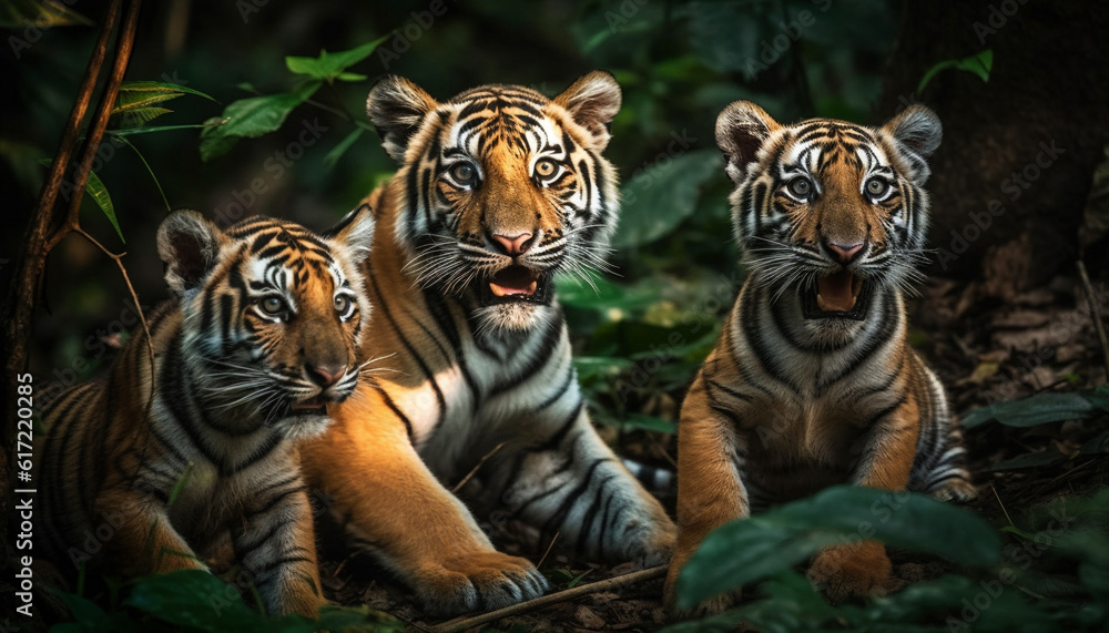 Front view portrait of cute Bengal tiger family staring outdoors generated by AI