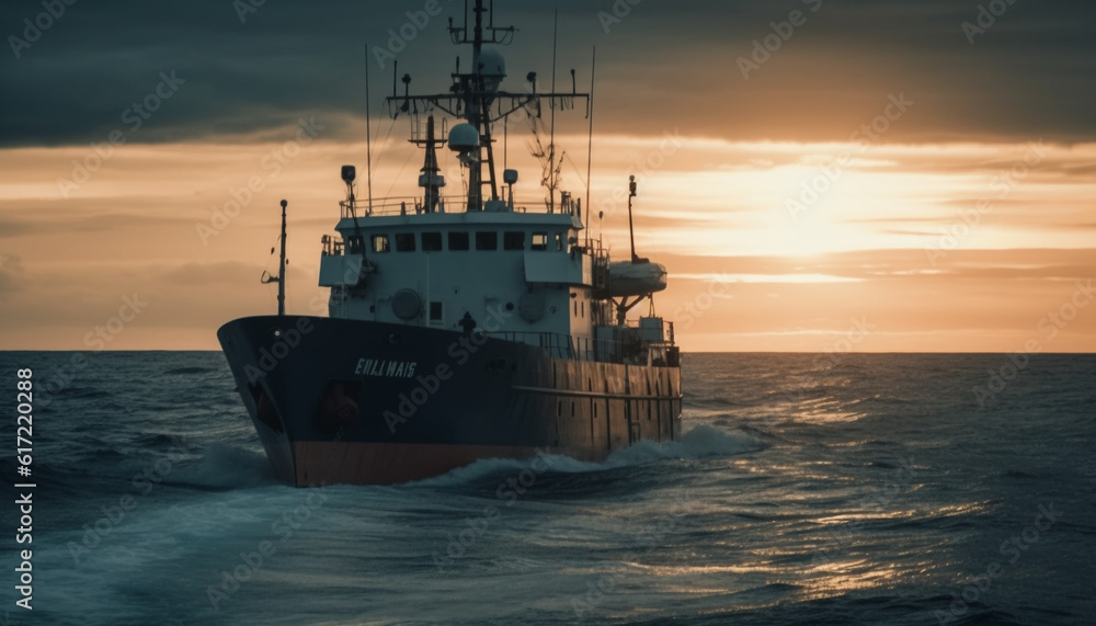 Tranquil seascape, sunset silhouette, industrial ship, steel equipment, peaceful journey generated b