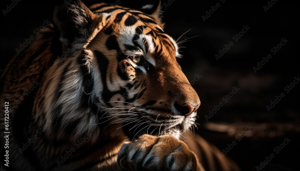 Bengal tiger staring at camera, majestic beauty in nature portrait generated by AI