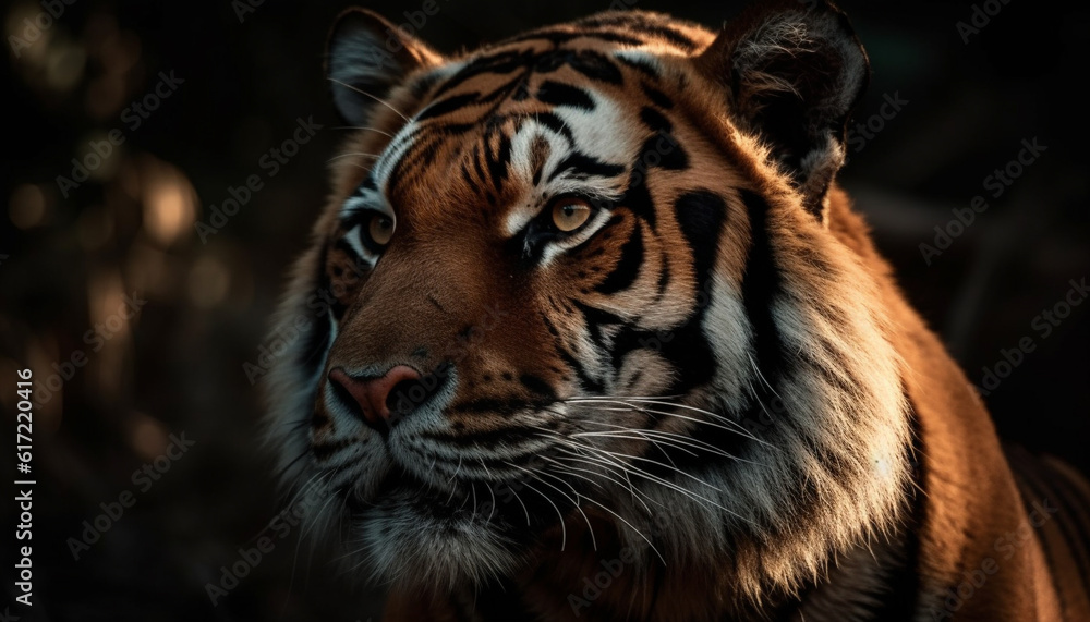 Beautiful Bengal tiger staring fiercely, whiskers twitching in tranquil forest generated by AI