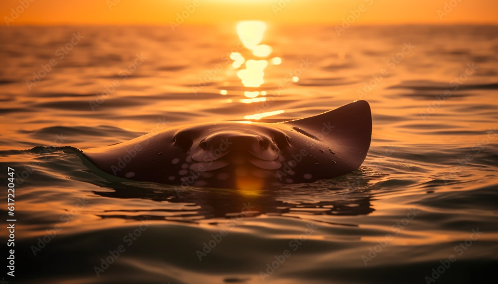 One mammal swimming in tranquil sea at sunset, reflecting beauty generated by AI