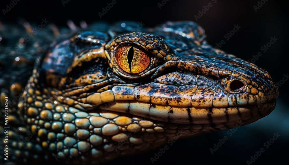 Multi colored reptile in nature, close up portrait of crocodile eye generated by AI