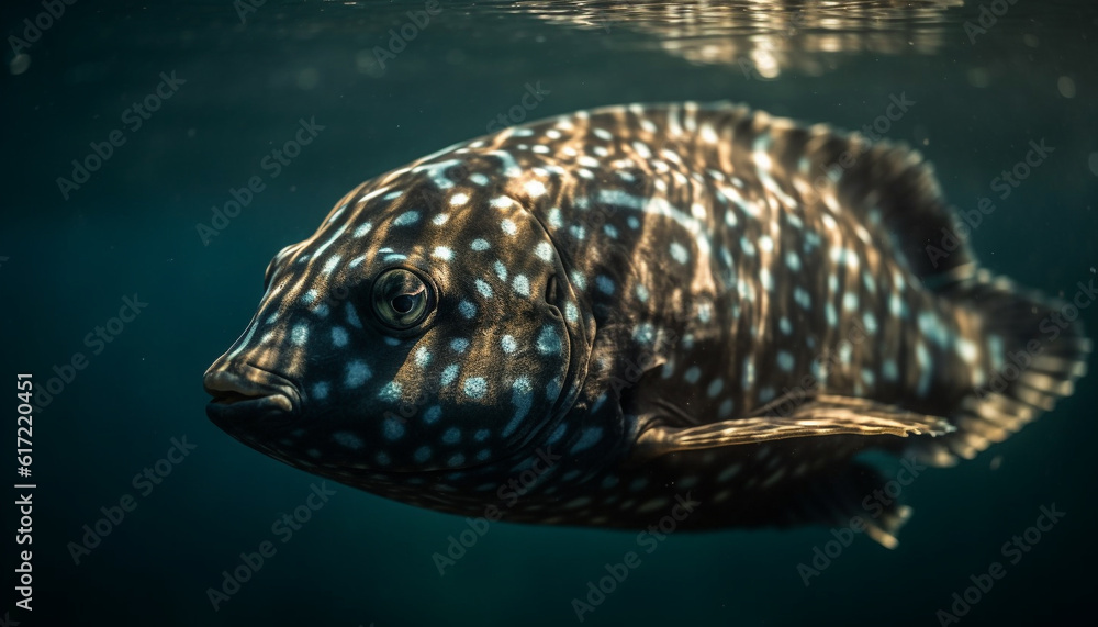 A spotted turtle swimming in the multi colored coral reef generated by AI