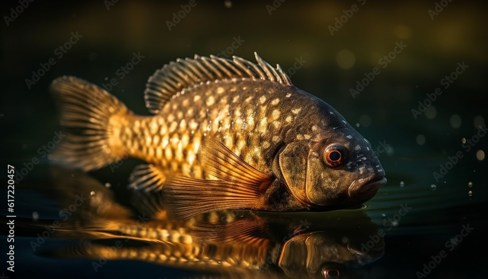 Multi colored fish swims in freshwater pond, surrounded by nature beauty generated by AI