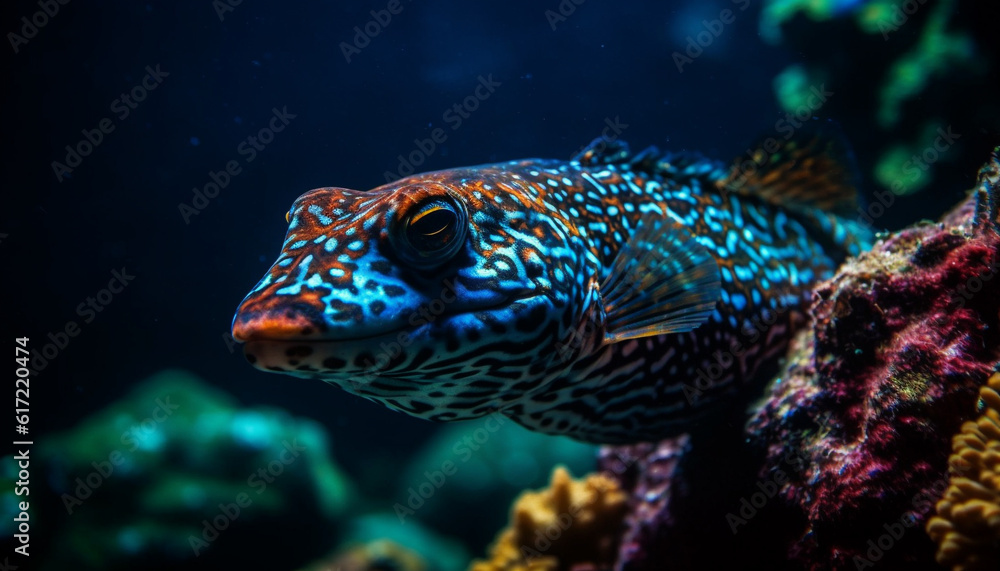 Spotted turtle swimming in multi colored coral reef, natural beauty underwater generated by AI