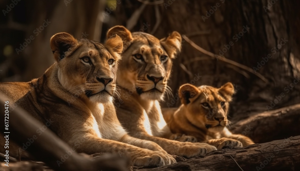 Majestic lioness resting in the wilderness, with her adorable cub generated by AI