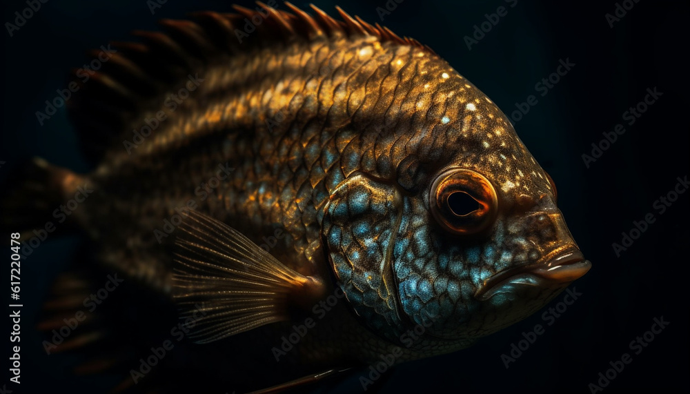 Yellow goldfish swims in multi colored coral reef in Red Sea generated by AI