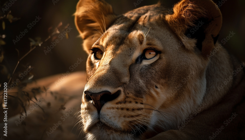 Majestic lioness staring at camera in African wilderness area generated by AI