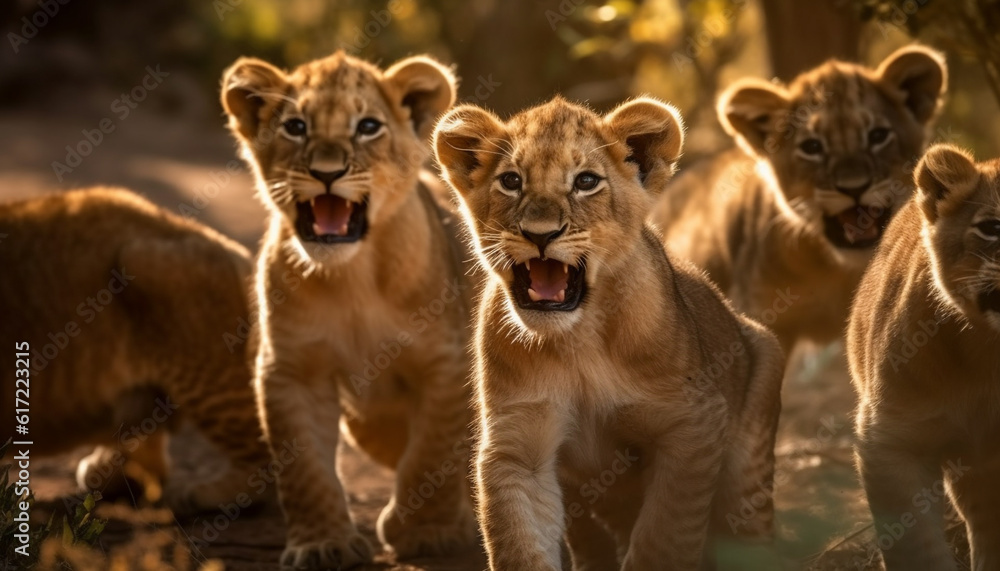 Yellow sunset on savannah, lion family yawns, teeth in focus generated by AI