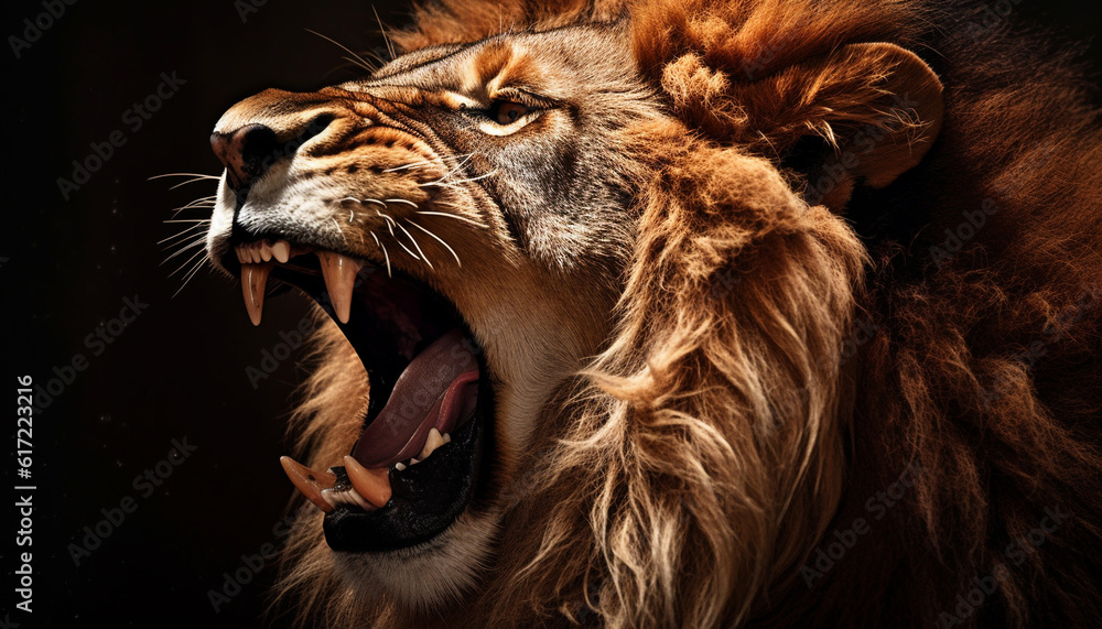 Majestic lion roaring with fury, showing teeth and large mane generated by AI