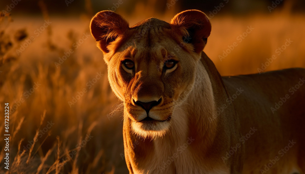 Majestic lioness in the savannah, looking at camera at sunset generated by AI