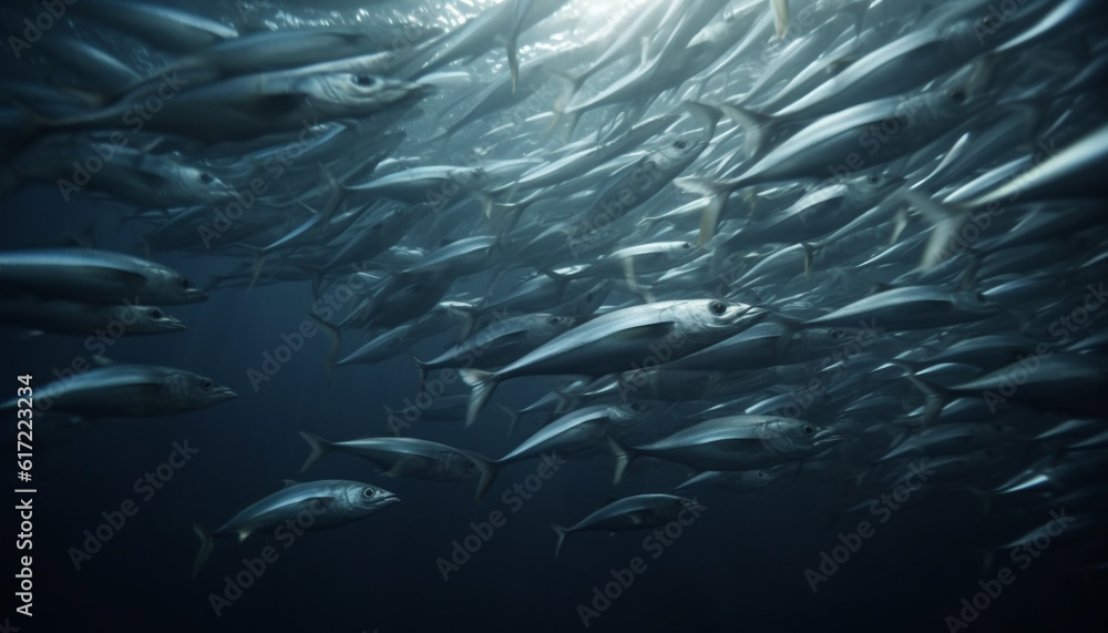 School of fish swimming in a tropical reef environment underwater generated by AI