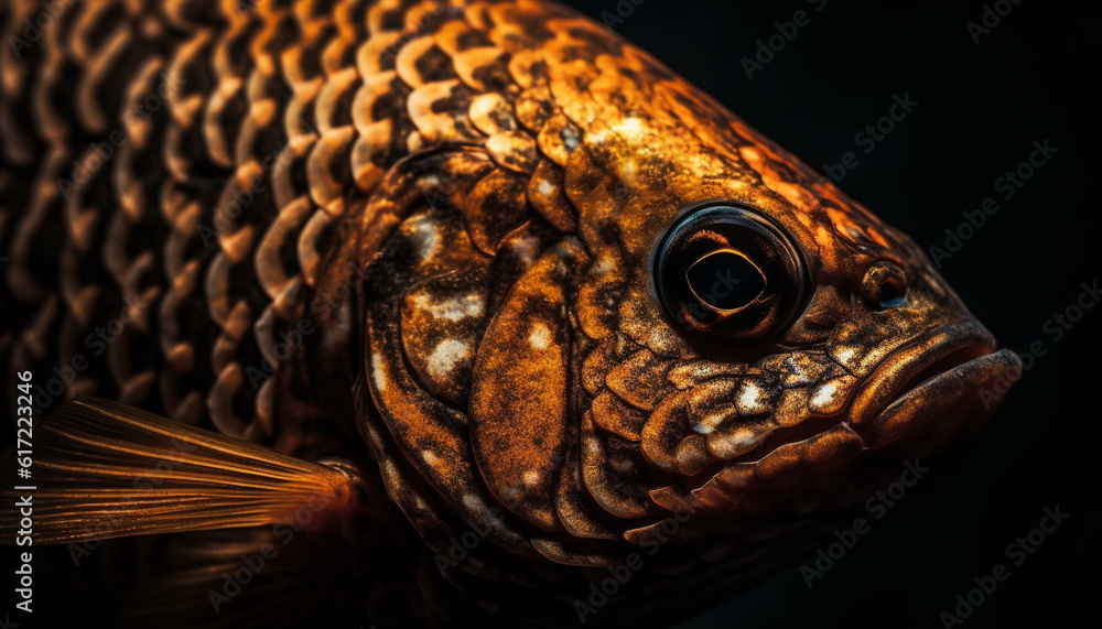 Multi colored fish tail in blue water, selective focus on foreground generated by AI