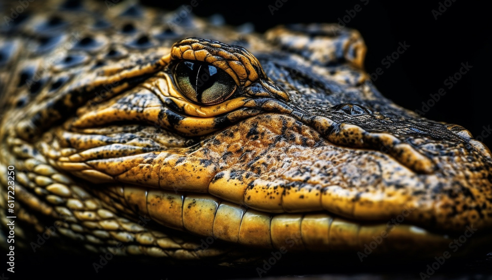 Multi colored reptile family in wet swamp, focus on spectacled caiman generated by AI