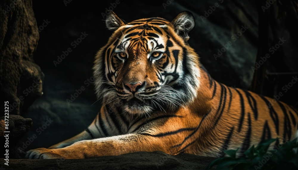 Majestic Bengal tiger staring with aggression in tropical rainforest generated by AI