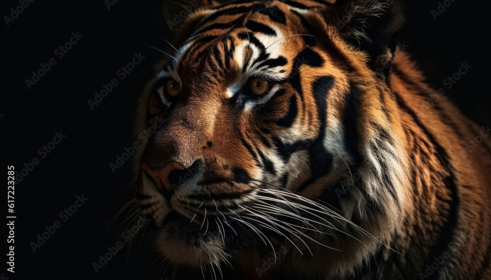 Majestic Bengal tiger staring with aggression, beauty in nature tranquility generated by AI