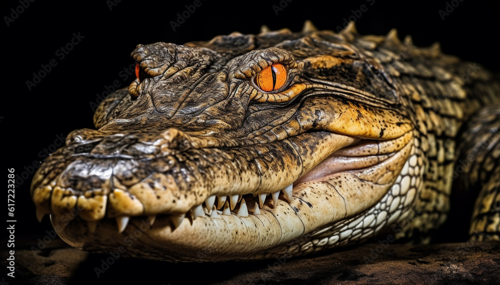 Furious alligator open mouth shows teeth in portrait generated by AI