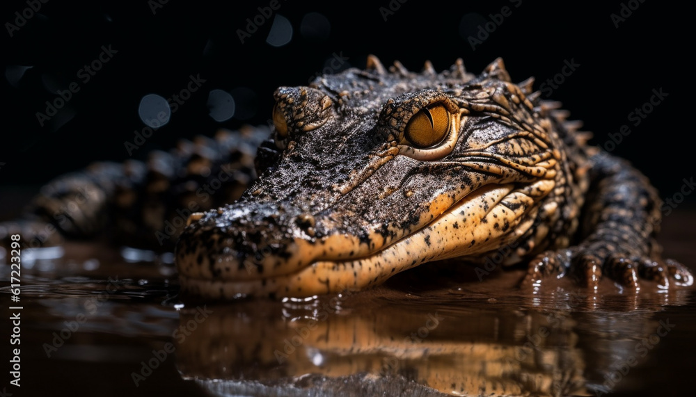 Large alligator with multi colored scales looking at camera in swamp generated by AI