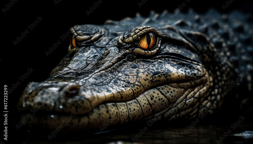 Spotted reptile with large teeth, looking at camera in pond generated by AI