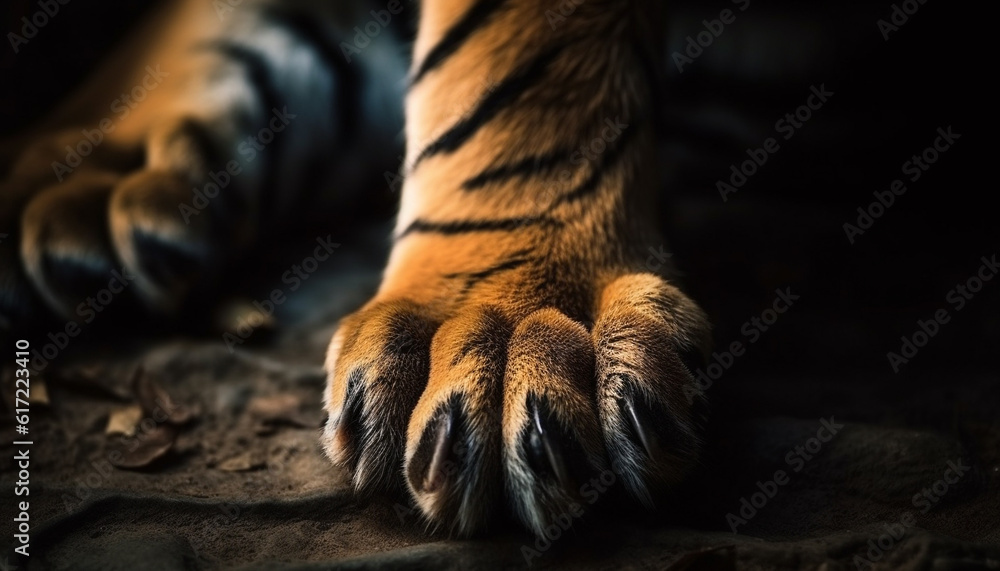 Striped Bengal tiger walking, playful kitten looking with selective focus generated by AI